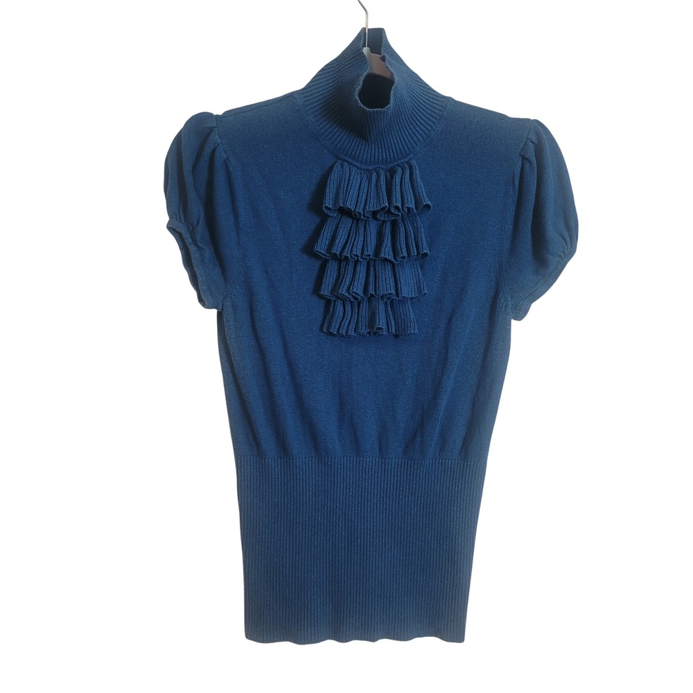 Moda International Silk Cashmere Teal Blue Ruffle Mock Neck Sweater M Victorian